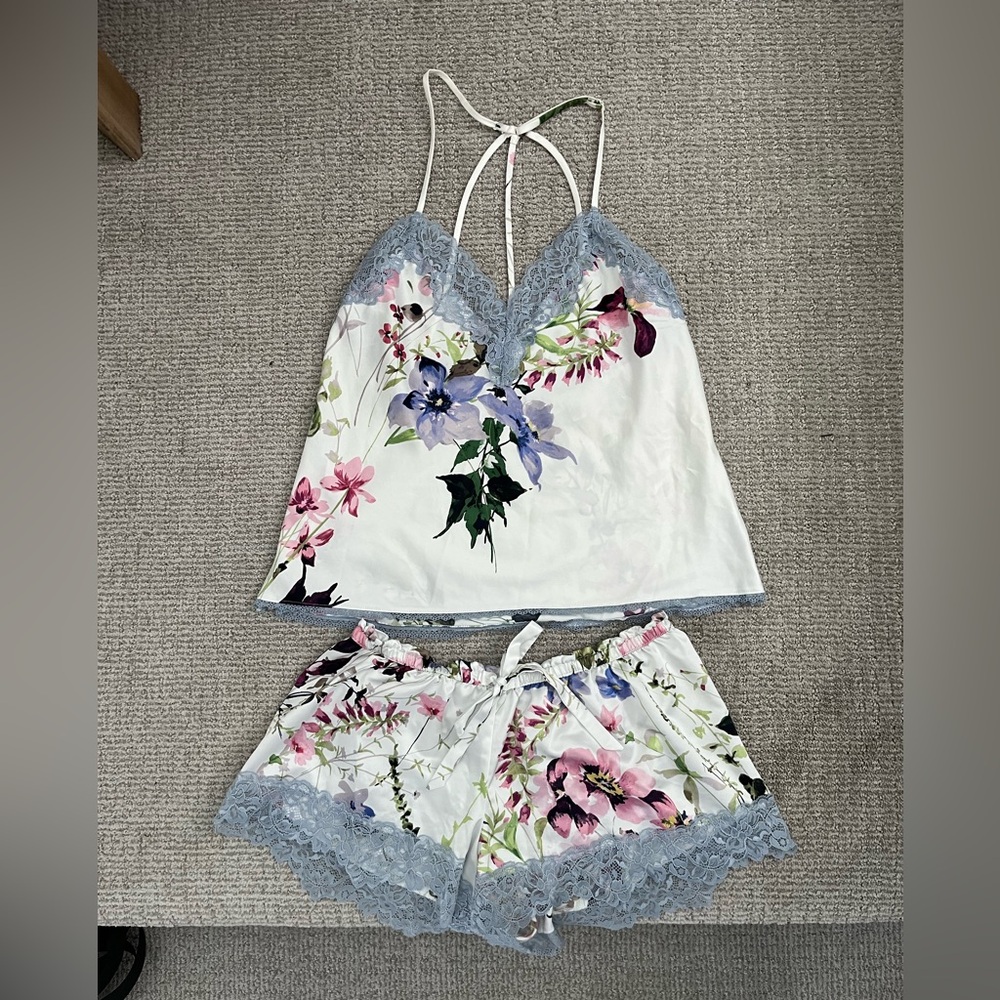 In Bloom Floral Silky with Lace Trim Chemise Lingerie Set Size M